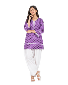 Lavender Printed Cotton Kurta With White Farshi Salwar & Chiffon Dupatta