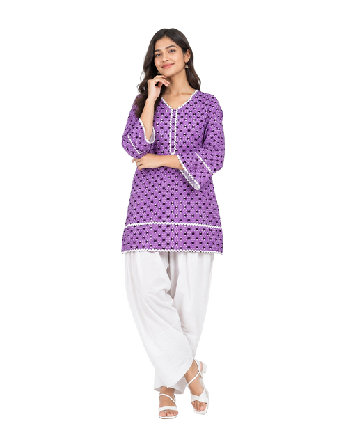 Lavender Printed Cotton Kurta With White Farshi Salwar & Chiffon Dupatta