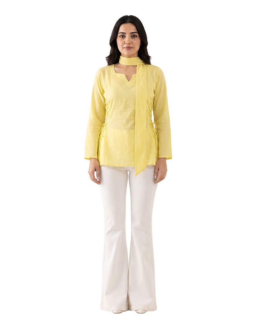 Lemon Yellow Short Kurti With Attached Choker Scarf