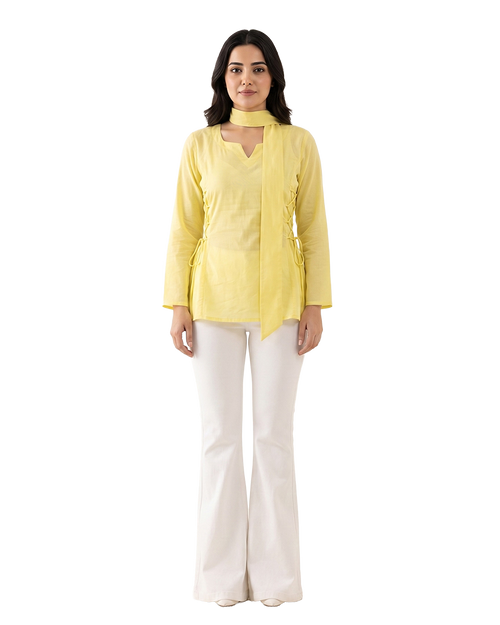 Lemon Yellow Short Kurti With Attached Choker Scarf
