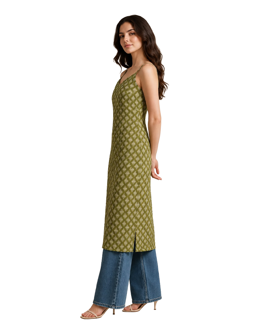 Olive Green Strappy Backless Long Cotton Kurti