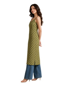 Olive Green Strappy Backless Long Cotton Kurti