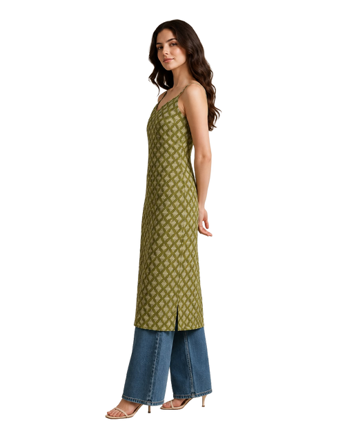 Olive Green Strappy Backless Long Cotton Kurti