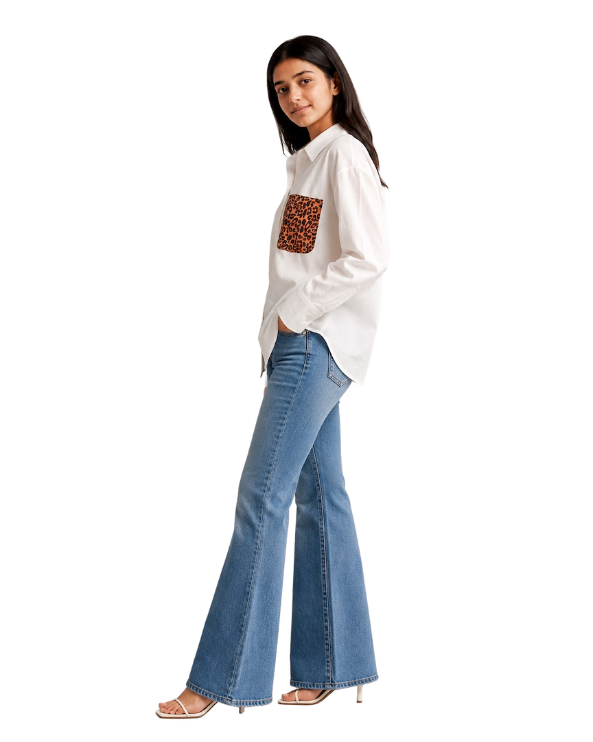 White Cotton Shirt With Leopard Print Pocket
