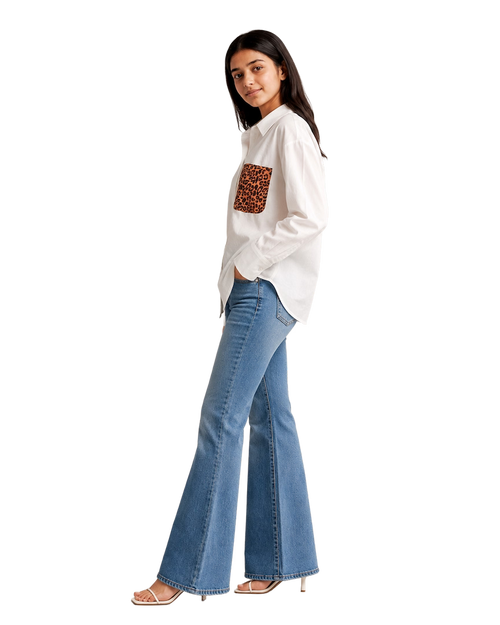White Cotton Shirt With Leopard Print Pocket