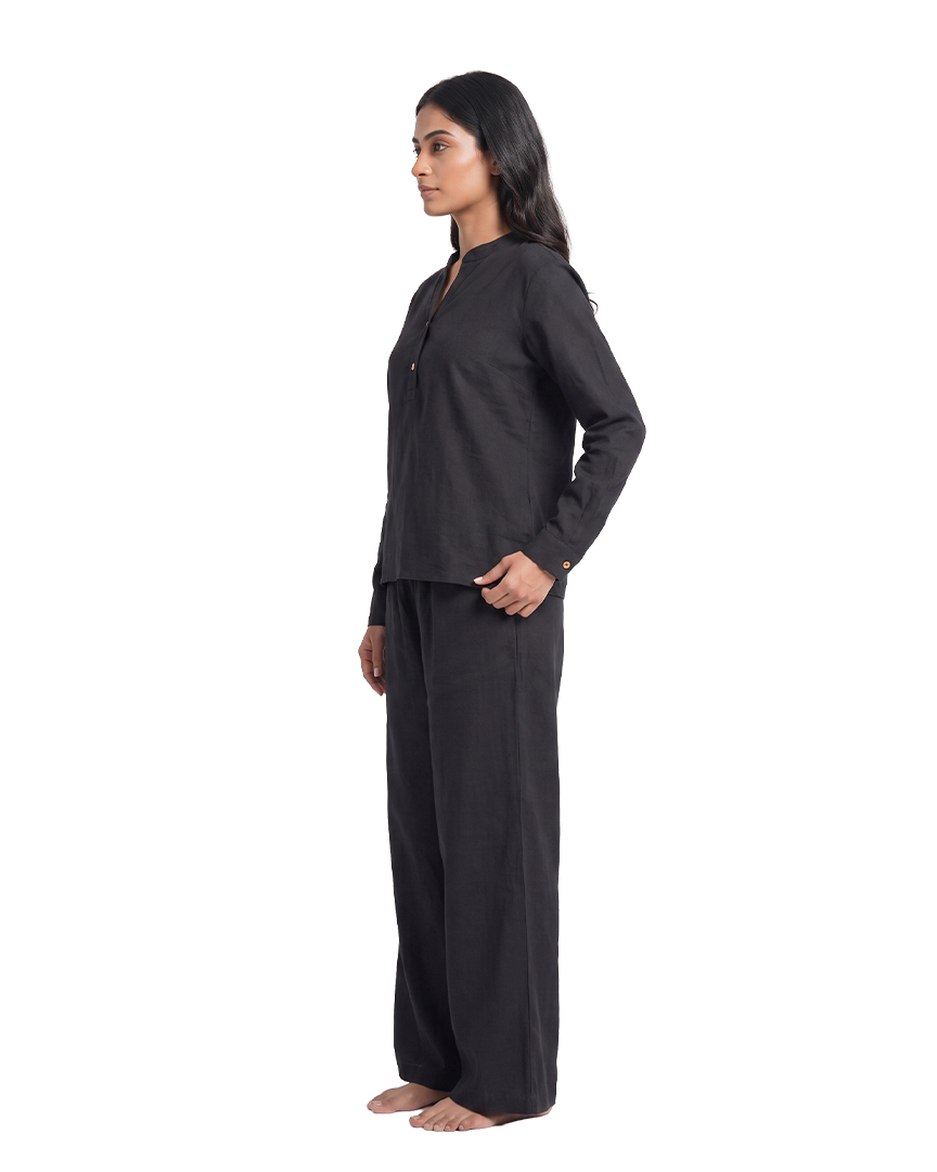 Classic Black Slub Tunic & Trousers Set