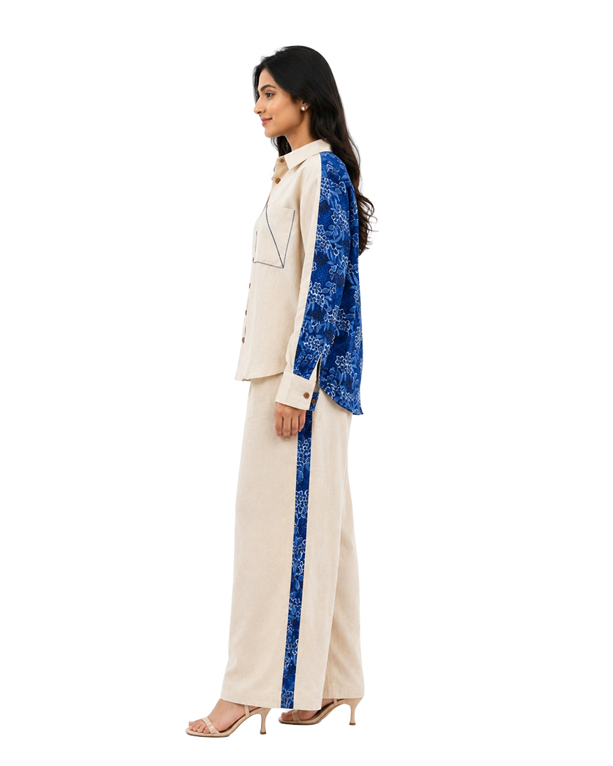 Beige Cotton Slub Co-ord Set With Printed Back Patch