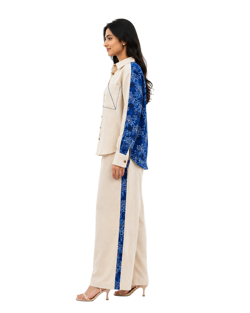 Beige Cotton Slub Co-ord Set With Printed Back Patch