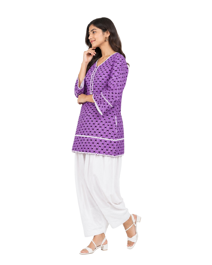 Lavender Printed Cotton Kurta With White Farshi Salwar & Chiffon Dupatta