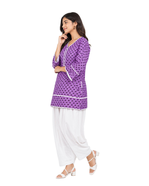 Lavender Printed Cotton Kurta With White Farshi Salwar & Chiffon Dupatta