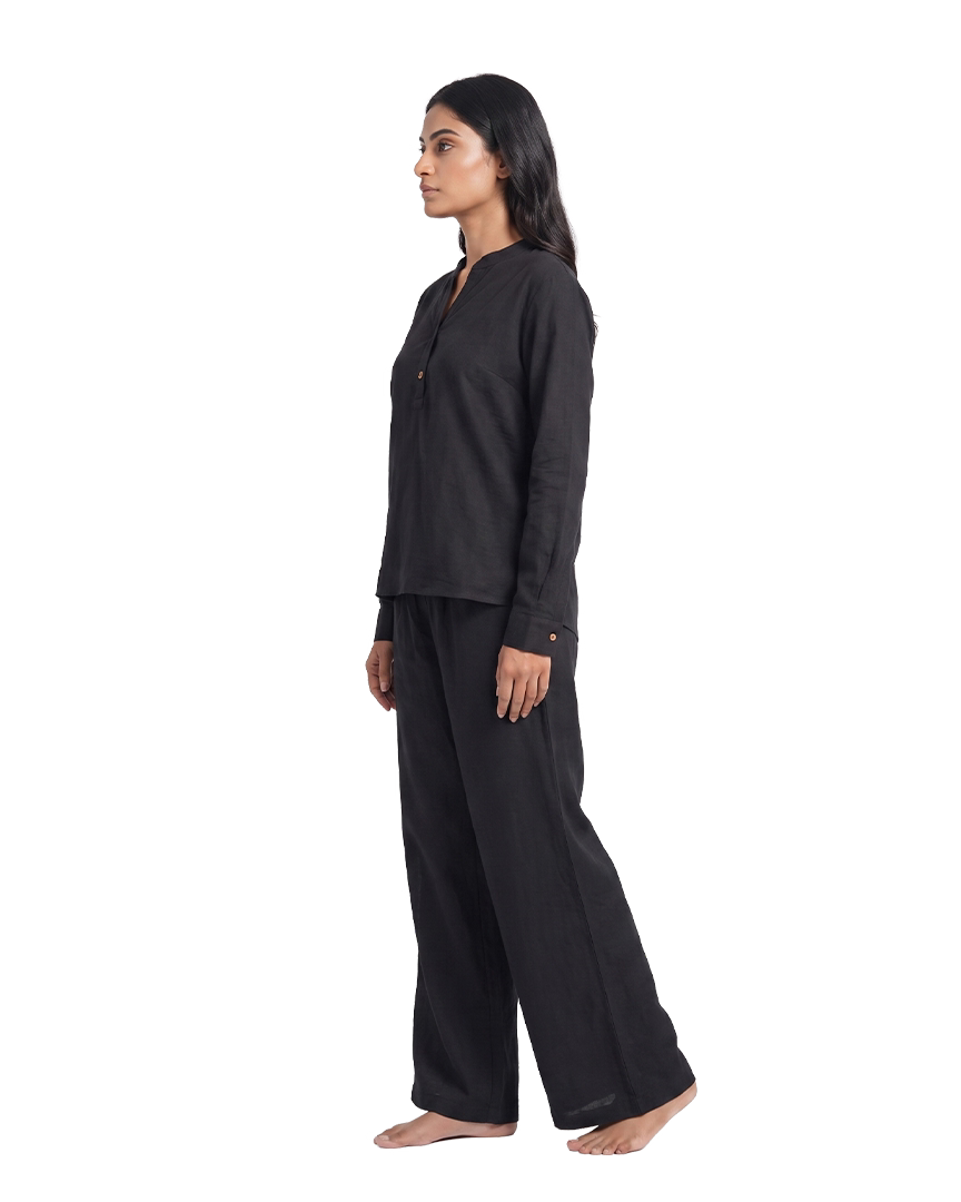 Classic Black Slub Tunic & Trousers Set