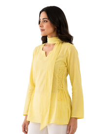 Lemon Yellow Short Kurti With Attached Choker Scarf