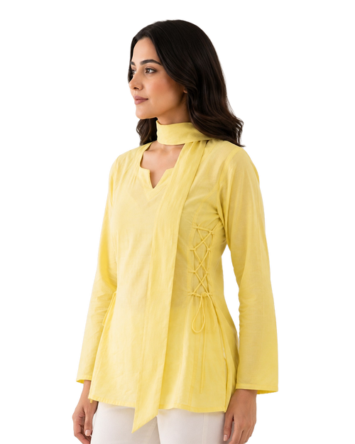 Lemon Yellow Short Kurti With Attached Choker Scarf