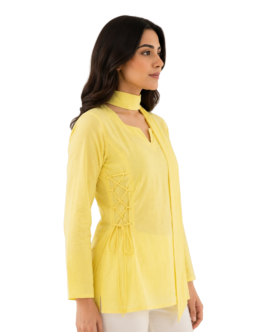 Lemon Yellow Short Kurti With Attached Choker Scarf