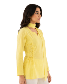 Lemon Yellow Short Kurti With Attached Choker Scarf