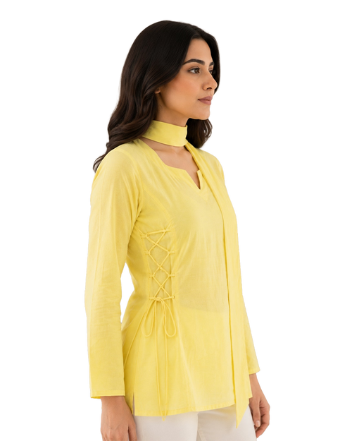 Lemon Yellow Short Kurti With Attached Choker Scarf