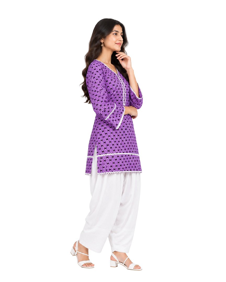 Lavender Printed Cotton Kurta With White Farshi Salwar & Chiffon Dupatta