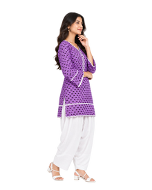Lavender Printed Cotton Kurta With White Farshi Salwar & Chiffon Dupatta