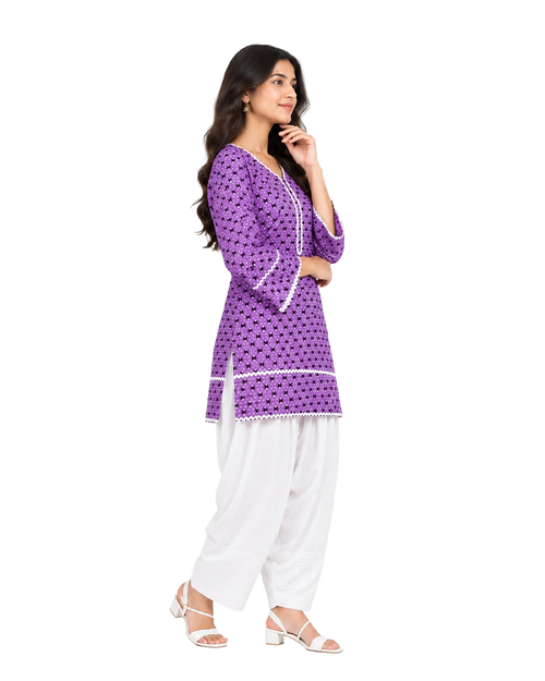 Lavender Printed Cotton Kurta With White Farshi Salwar & Chiffon Dupatta