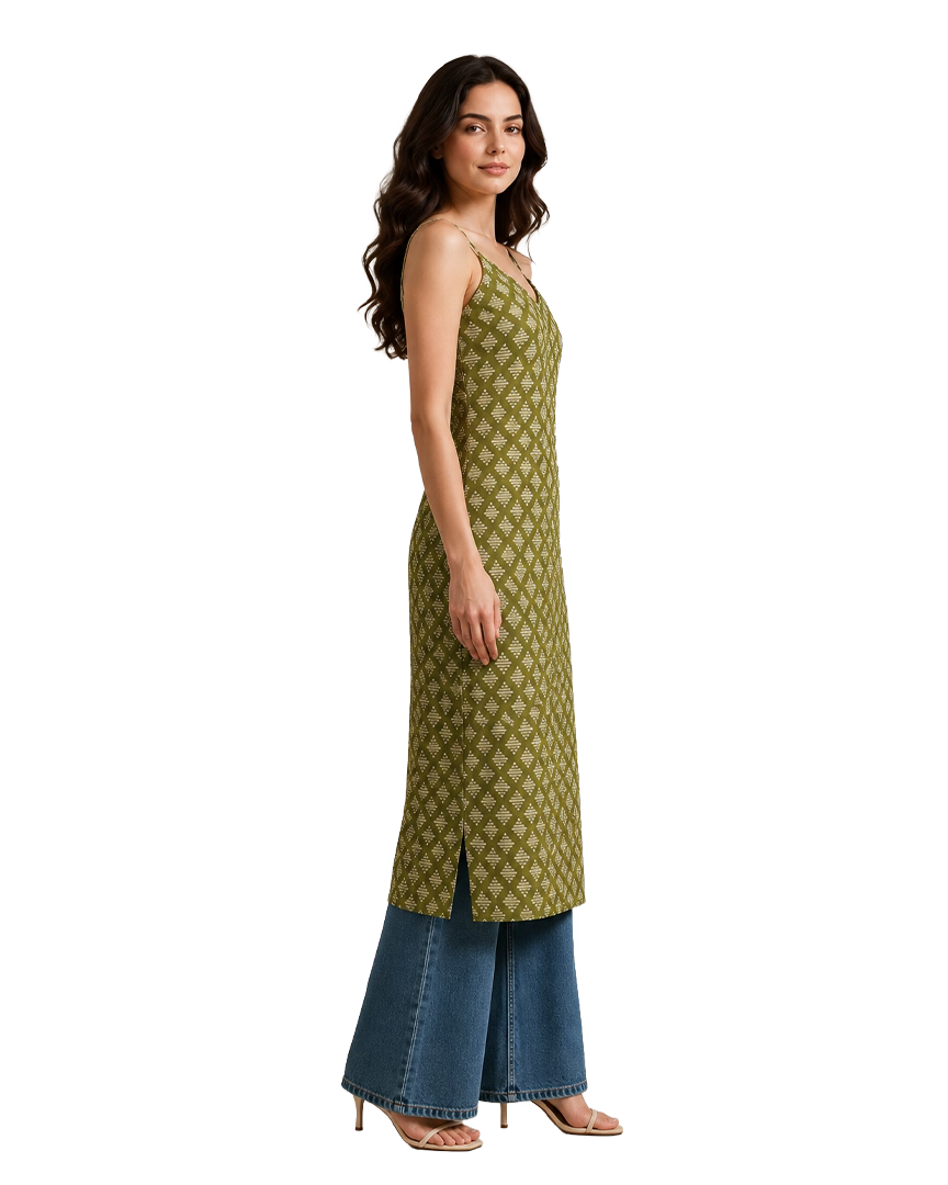 Olive Green Strappy Backless Long Cotton Kurti