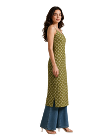 Olive Green Strappy Backless Long Cotton Kurti
