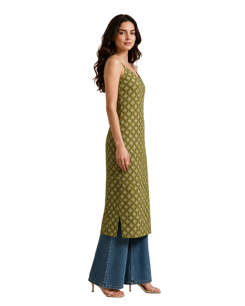 Olive Green Strappy Backless Long Cotton Kurti