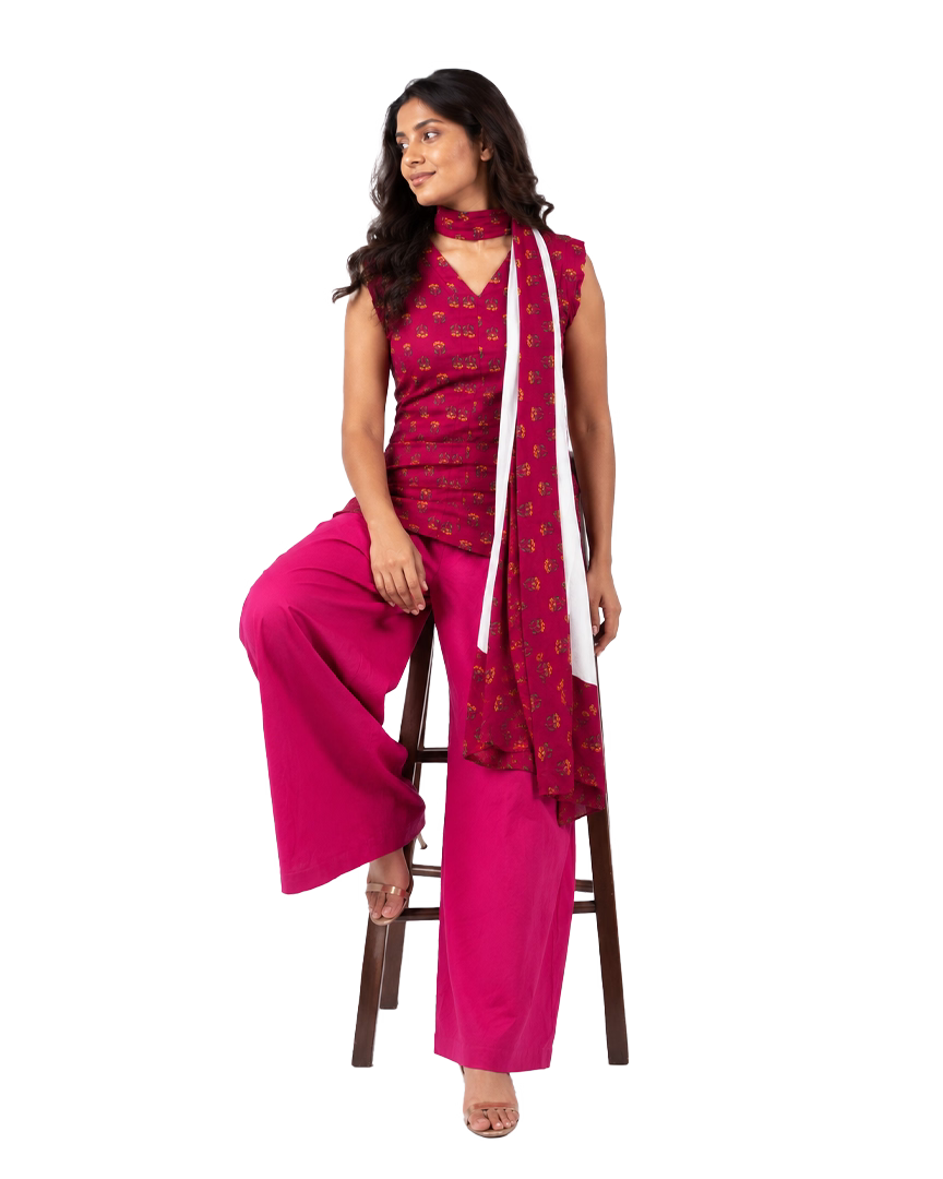 Fuchsia Floral Booti Sleeveless Kurti Set with Chiffon Dupatta