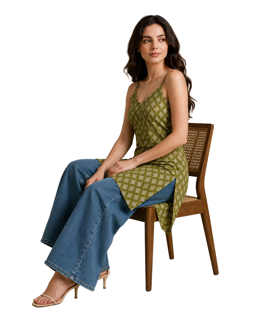 Olive Green Strappy Backless Long Cotton Kurti