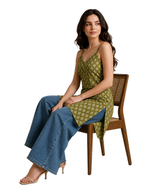 Olive Green Strappy Backless Long Cotton Kurti