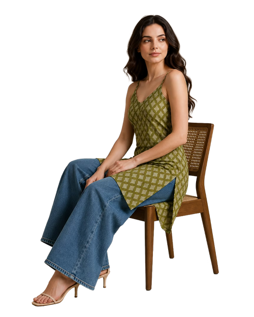 Olive Green Strappy Backless Long Cotton Kurti